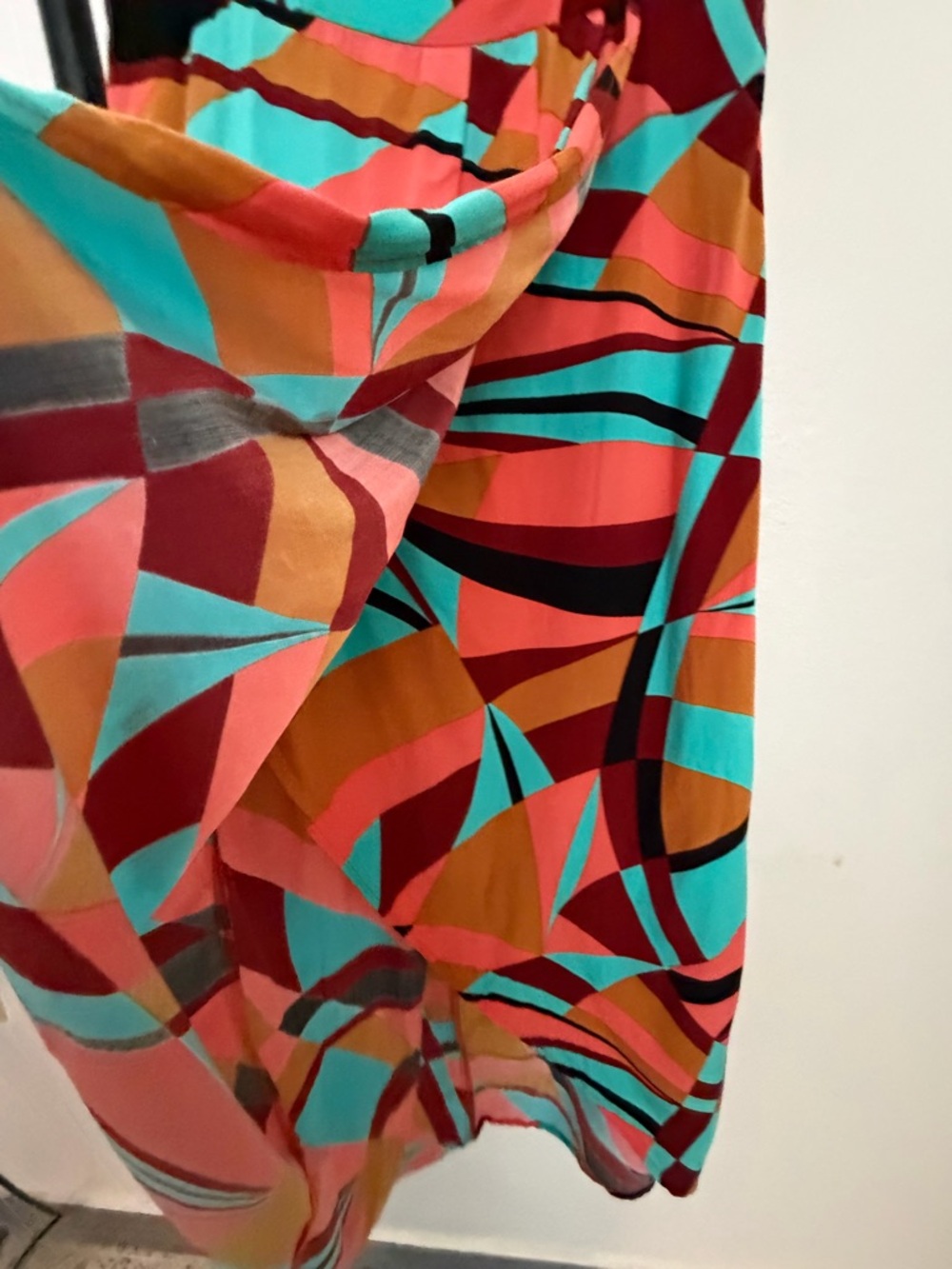 Strapless Geometric Print Midi Dress in Coral, Teal & Brown - Picture 2 of 5